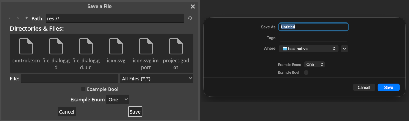 Comparison between standard FileDialog (left) and native file dialog (right) on macOS