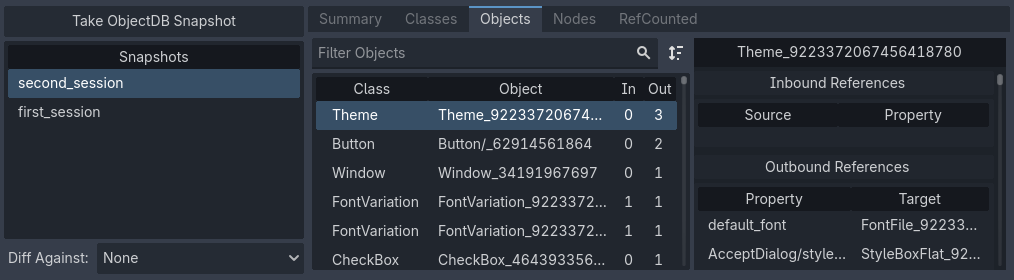 The Objects tab being used to view objects in a "top-down" manner
