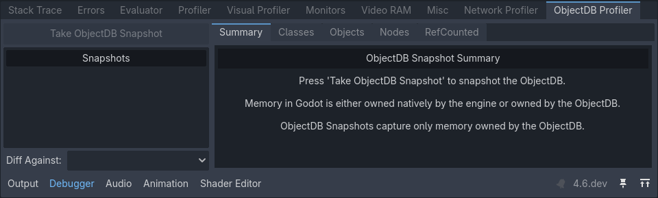 ObjectDB profiler summary with no snapshots taken