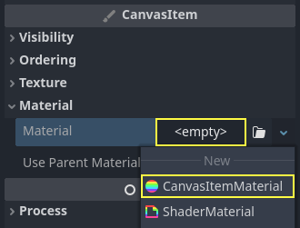 Creating a CanvasItemMaterial at the bottom of the particles node inspector