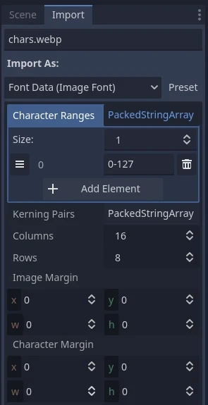 Import options to use for the above example font