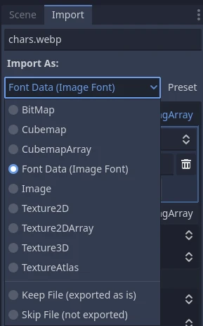 Changing import type to Font Data (Image Font)