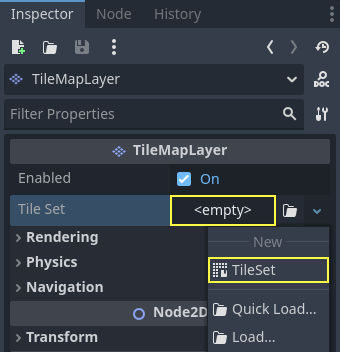 Creating a new TileSet resource within the TileMapLayer node